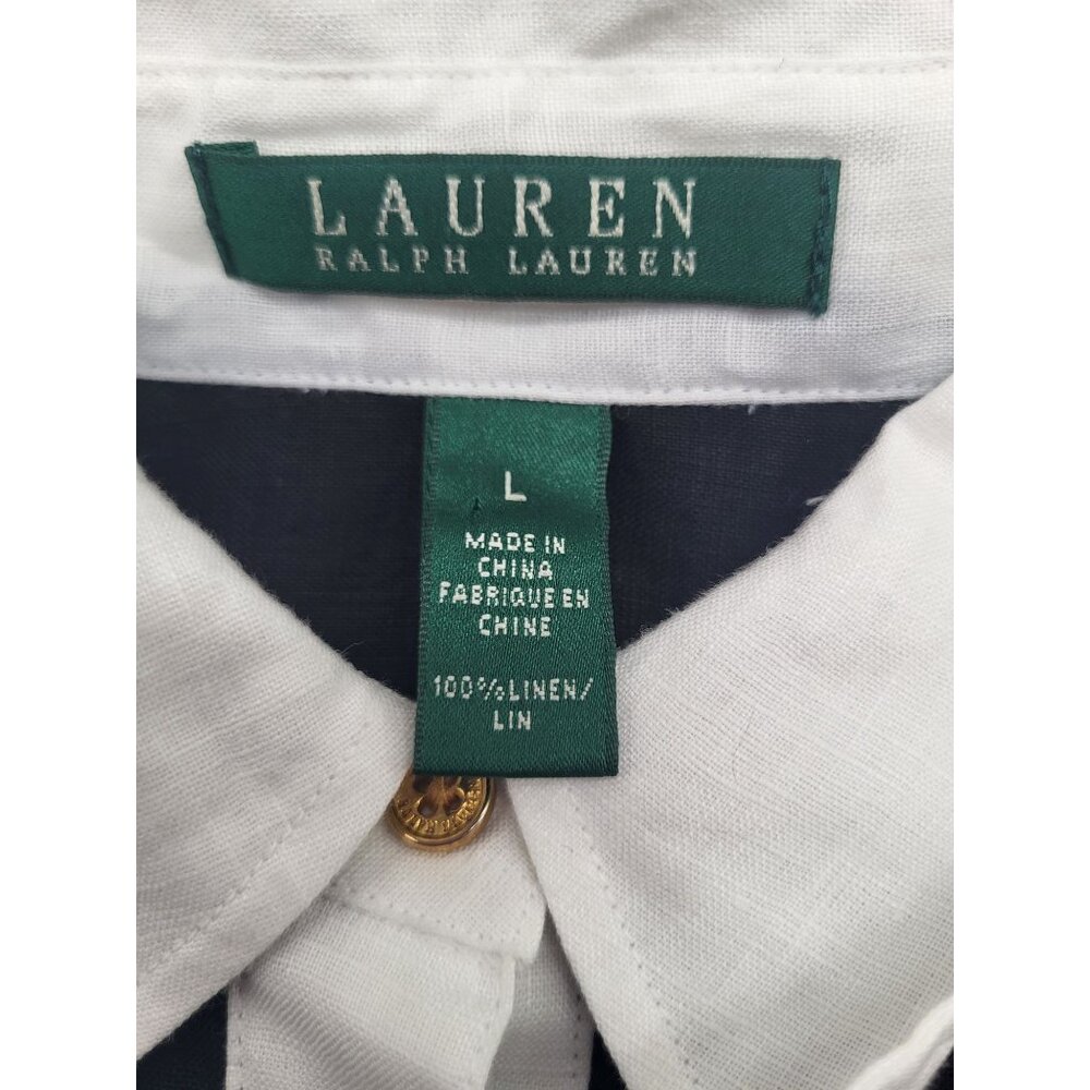 LAUREN RALPH LAUREN Women's SZ L Black Linen Blouse White Collar Gold Buttons - Picture 4 of 7
